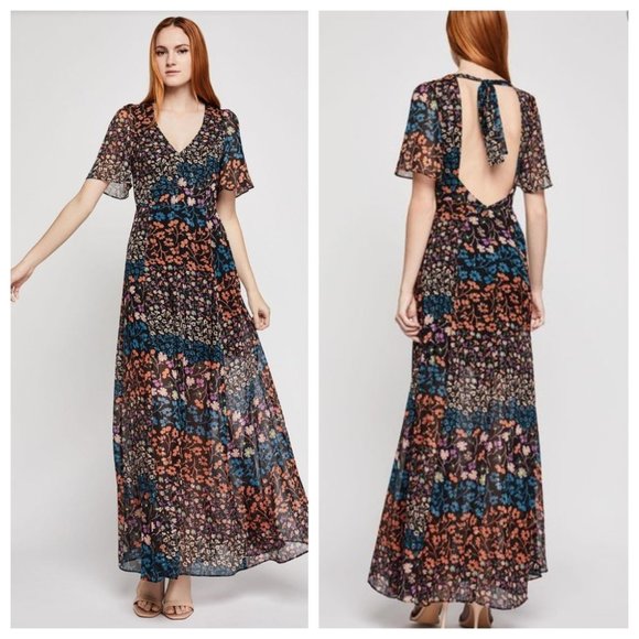 BCBGeneration Dresses & Skirts - BCBGeneration Floral Flutter Sleeve Metallic Maxi